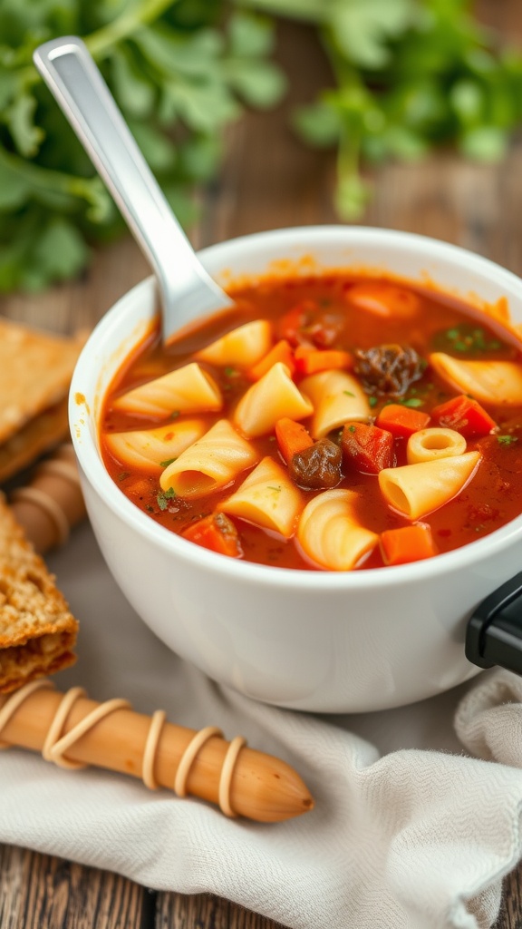 Bowl of minestrone soup with vegetables and pasta