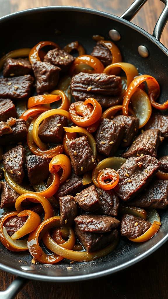 A pan of Mongolian Beef with Green Onions, featuring tender beef and vibrant vegetables.