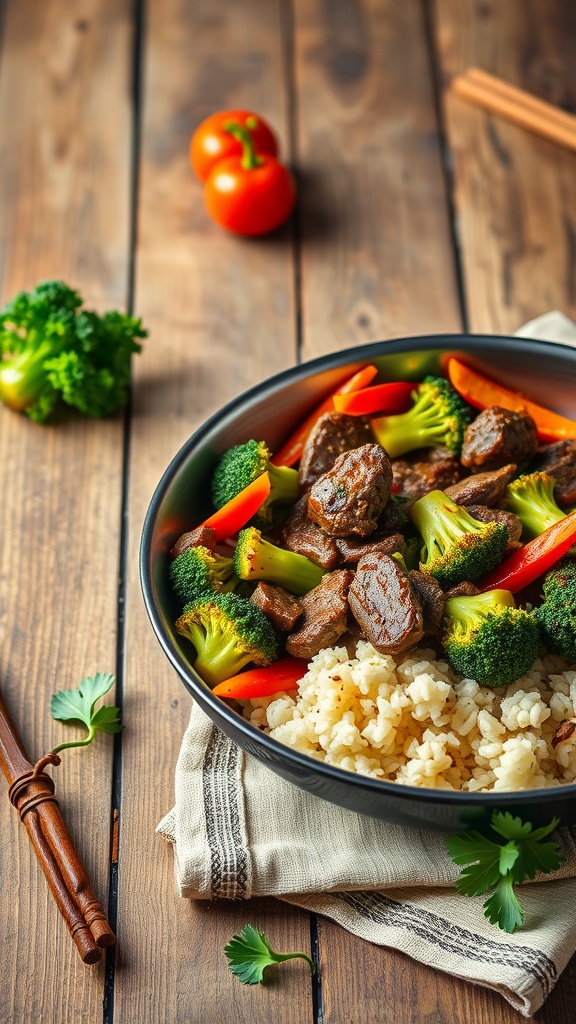 A bowl of beef and broccoli stir-fry served over rice, garnished with fresh vegetables.