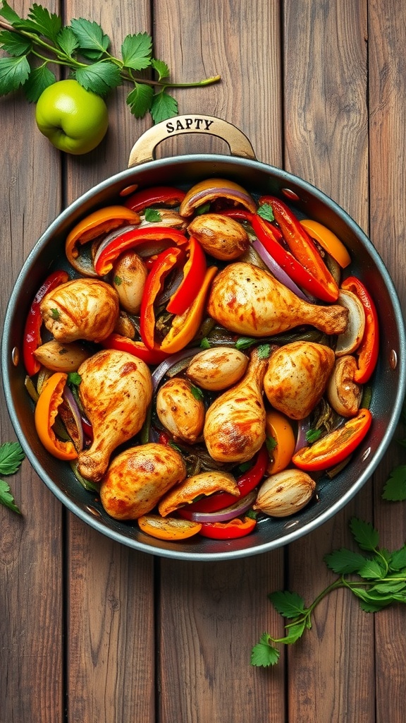 A colorful one-pan chicken fajita dish with sliced bell peppers and chicken thighs.