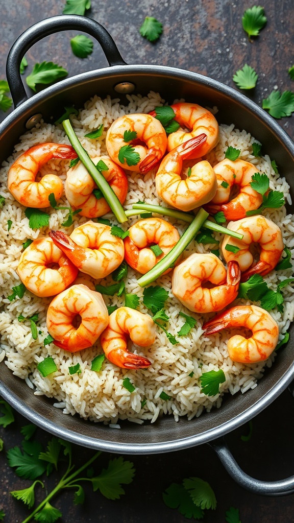 A delicious one-pan meal featuring shrimp and rice garnished with herbs.