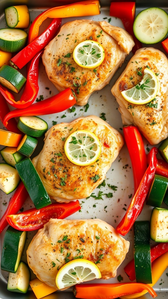 Delicious lemon garlic chicken served with colorful vegetables.