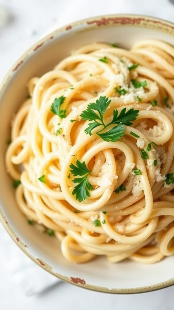 A bowl of creamy garlic parmesan pasta garnished with parsley.