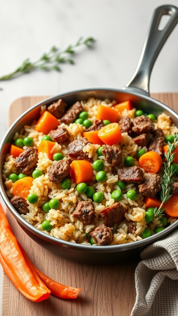 A hearty beef and rice casserole with peas and carrots in a skillet.