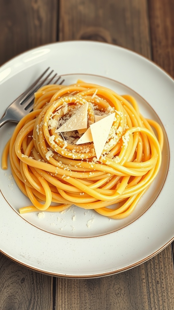 A plate of creamy pasta carbonara topped with cheese and black pepper.