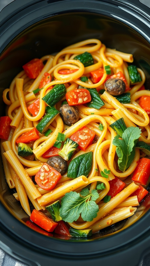 A vibrant dish of pasta primavera with colorful vegetables in a light garlic sauce.