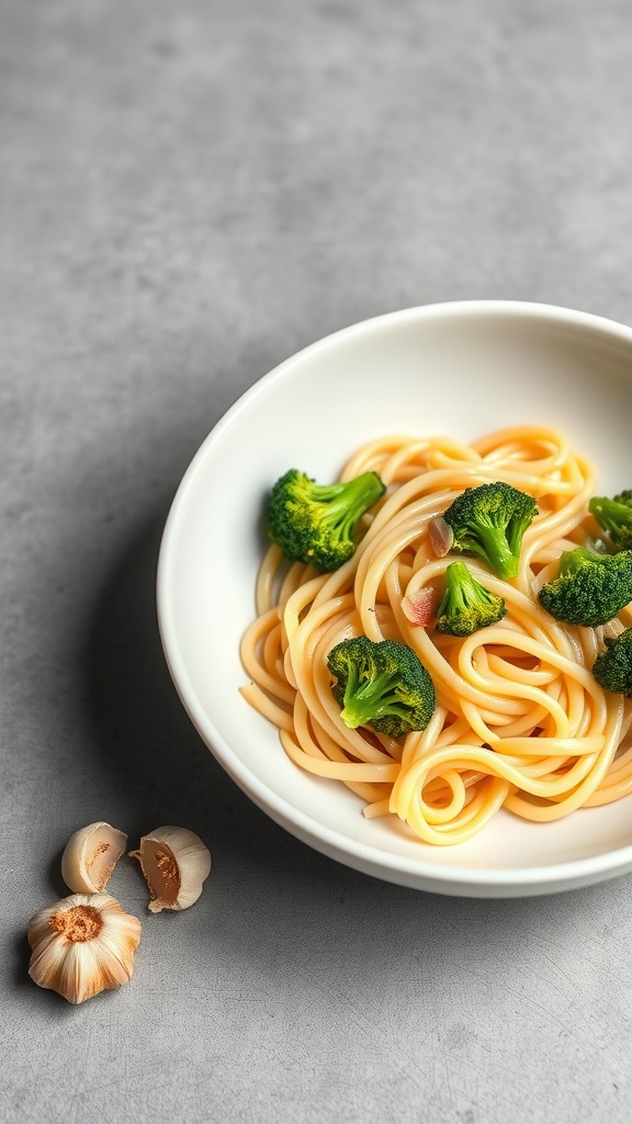 A bowl of pasta with broccoli and garlic.