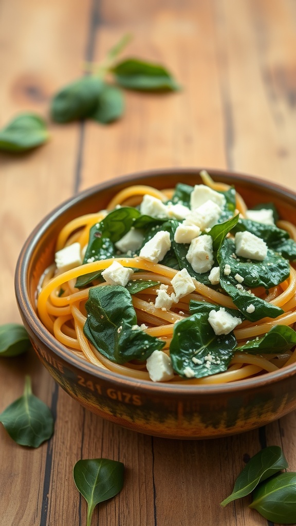 A bowl of pasta with fresh spinach and crumbled feta cheese.