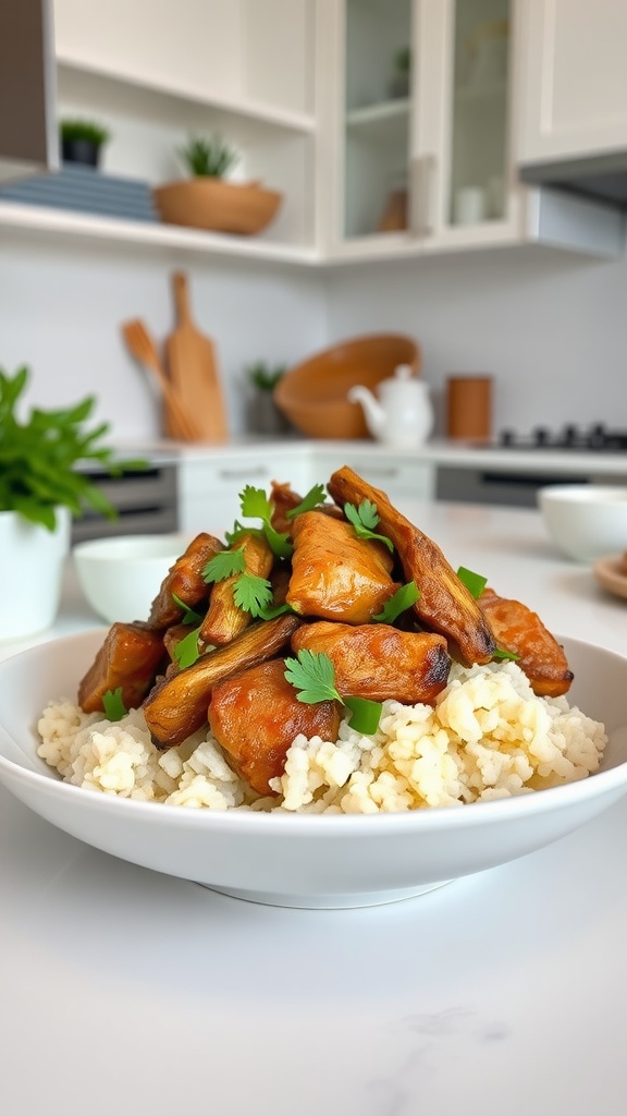 A bowl of pork stir-fry served over cauliflower rice, garnished with fresh cilantro.