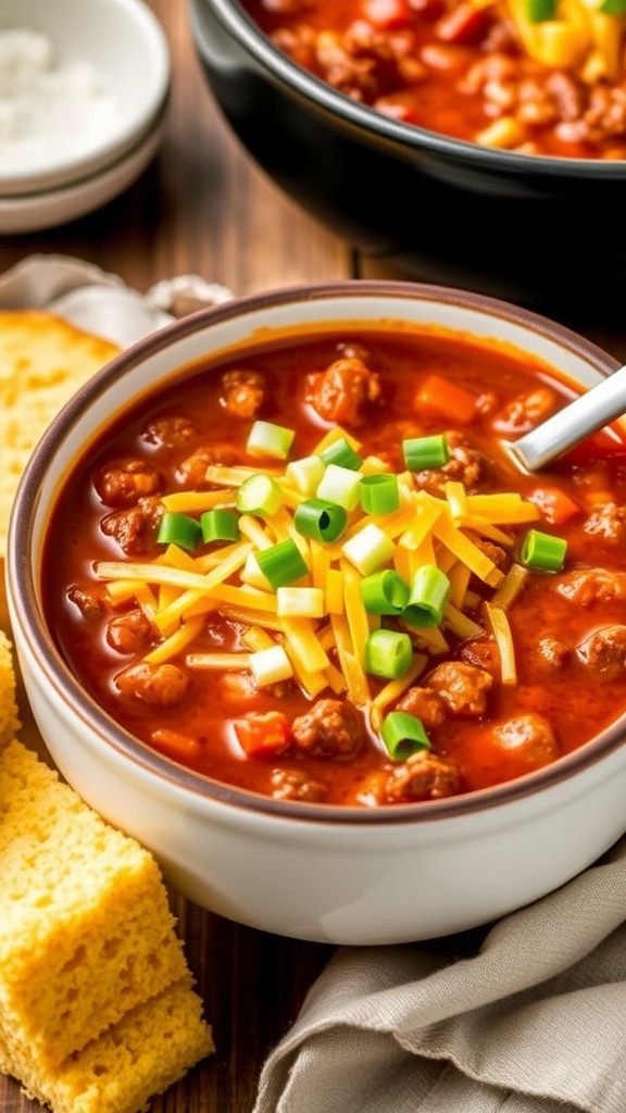 Delicious quick beef chili with beans served in a bowl, garnished with cheese and green onions.