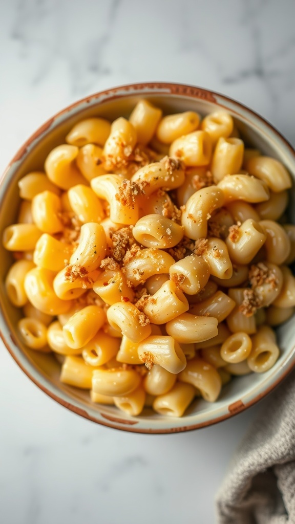 A bowl of creamy macaroni and cheese topped with breadcrumbs.