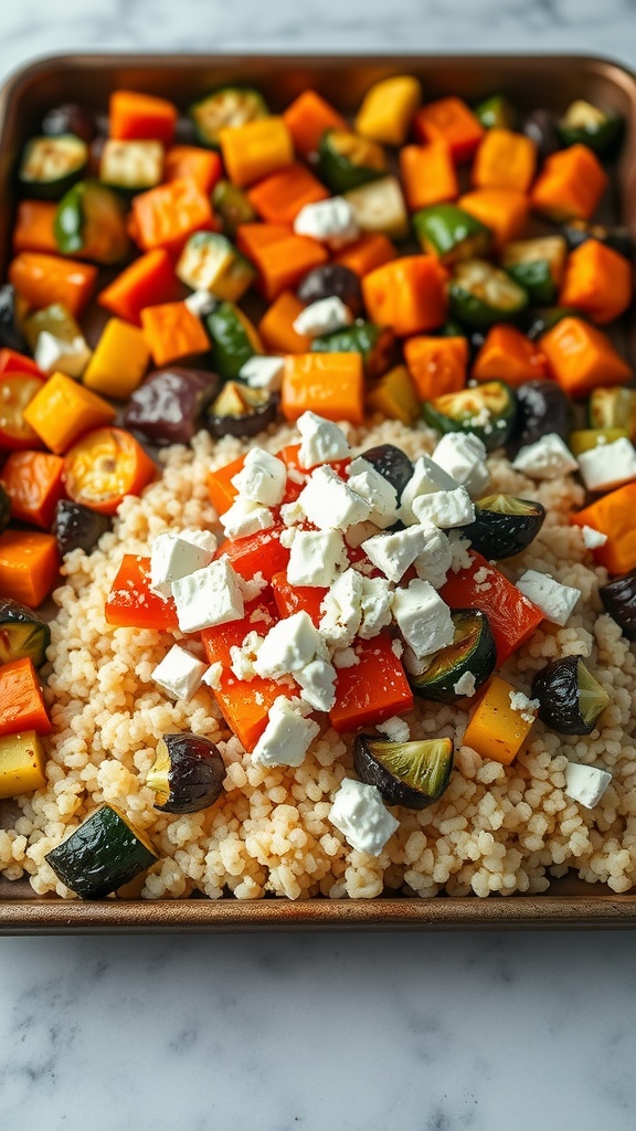 A colorful sheet pan dinner featuring roasted vegetables and feta cheese on couscous.