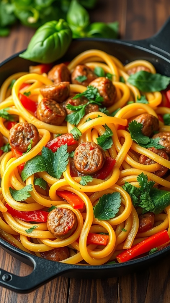 A vibrant plate of sausage and peppers pasta with fresh herbs, served in a black skillet.