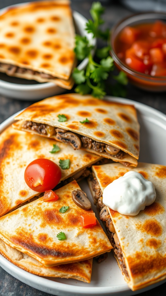 Delicious beef and mushroom quesadillas served with toppings.