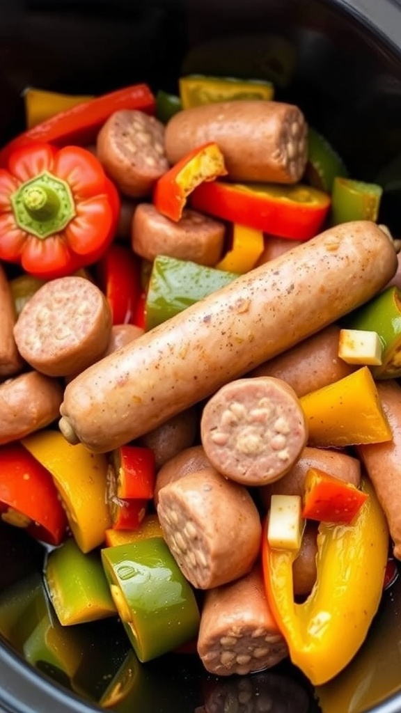 A savory dish featuring Italian sausage and colorful bell peppers in a slow cooker.