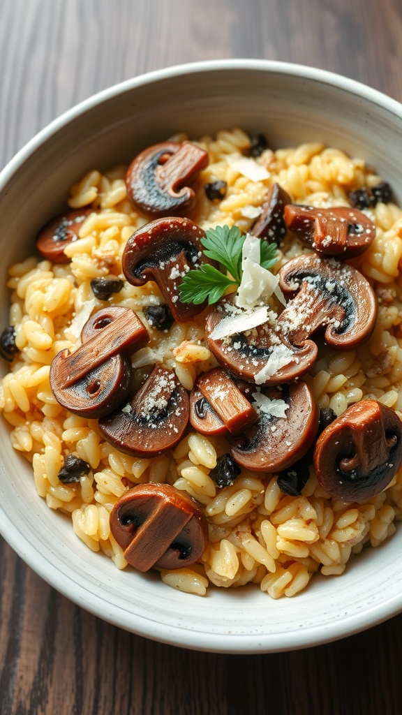 A bowl of creamy mushroom risotto topped with sliced mushrooms and fresh parsley.