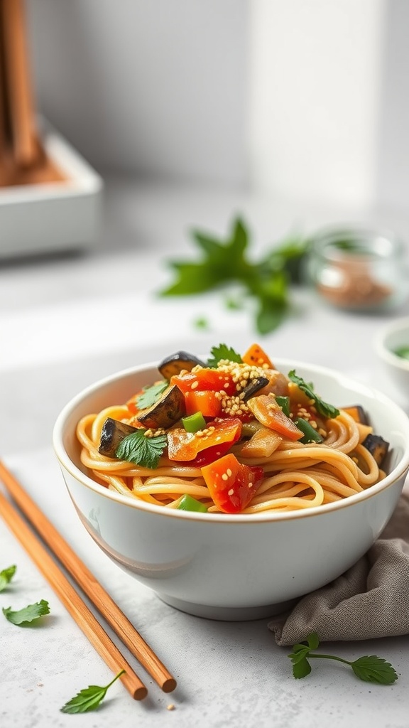 A vibrant bowl of sesame ginger noodles topped with veggies and garnished with cilantro.