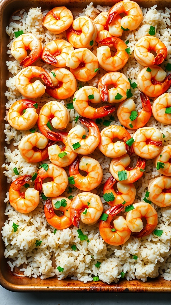 A delicious Shrimp and Garlic Butter Rice Bake on a sheet pan