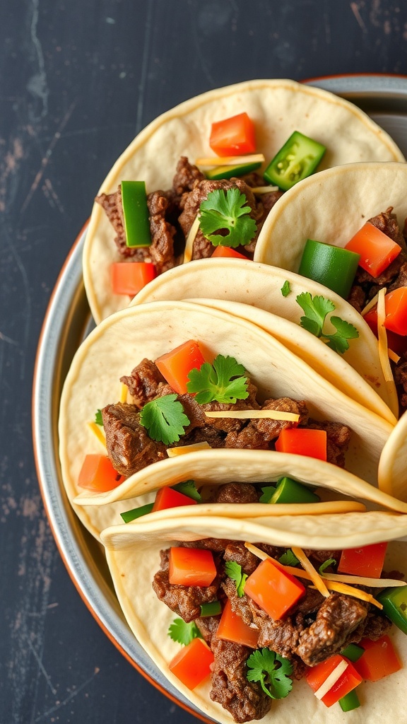 A plate of simple beef tacos topped with fresh vegetables.