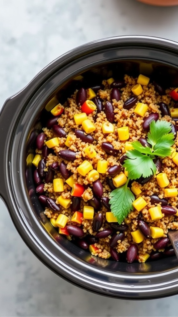 A colorful bowl of Southwestern Black Bean Quinoa with black beans, corn, and diced peppers.