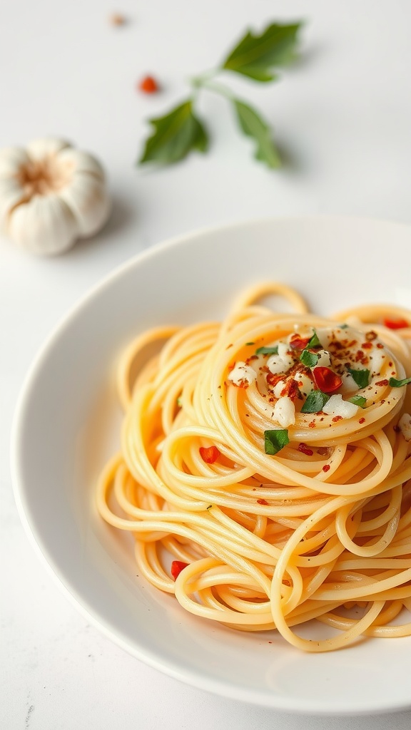 A plate of spaghetti aglio e olio garnished with parsley and red pepper flakes