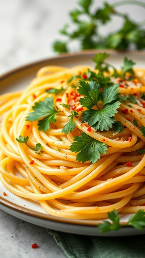 A plate of spaghetti aglio e olio topped with parsley and red pepper flakes.