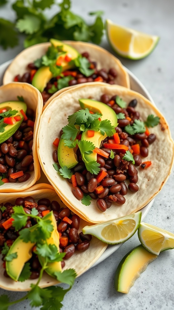 A plate of spicy black bean tacos topped with avocado, cilantro, and lime slices.