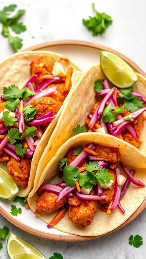 Spicy Chicken Tacos with Slaw served on a plate with lime and cilantro