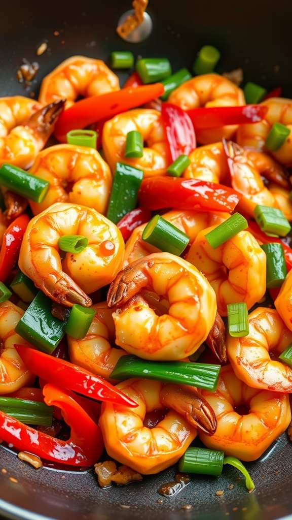 A vibrant spicy garlic shrimp stir-fry with colorful bell peppers and green onions.