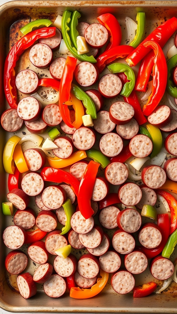 A colorful mix of sliced spicy sausage and assorted bell peppers on a sheet pan.