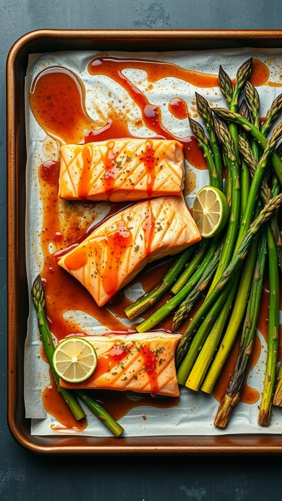 Sticky honey soy glazed salmon with asparagus on a sheet pan