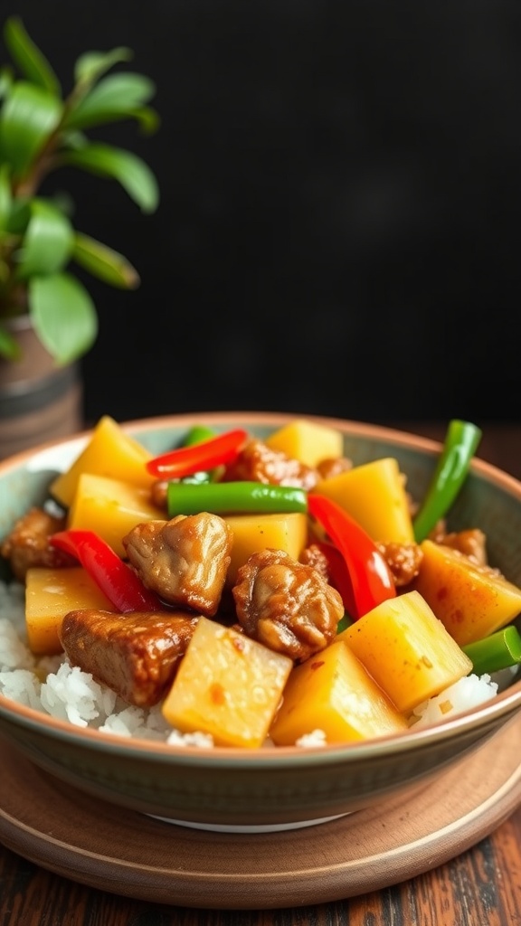 A bowl of sweet and sour pork served over rice, featuring colorful bell peppers and pineapple chunks.