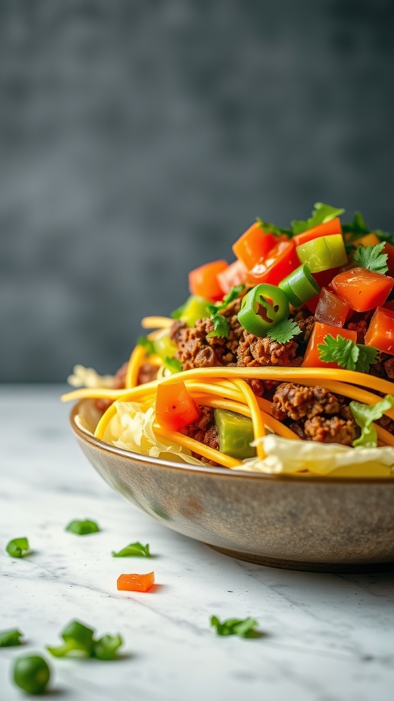 A vibrant taco salad with ground beef, fresh vegetables, and tortilla chips.