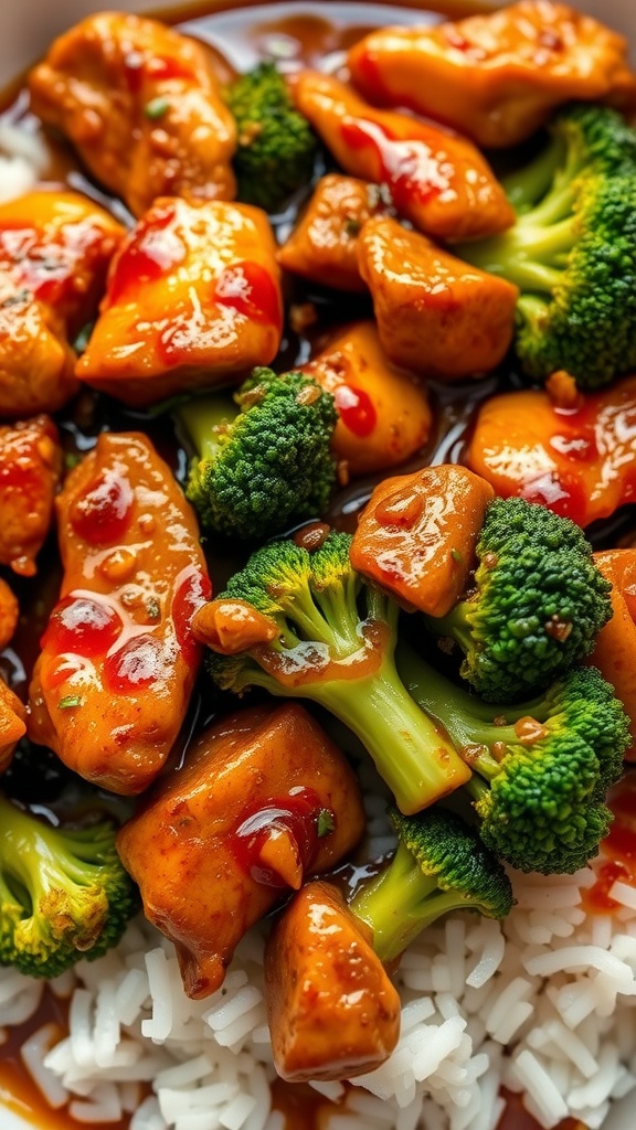 Delicious teriyaki chicken with broccoli served over rice.