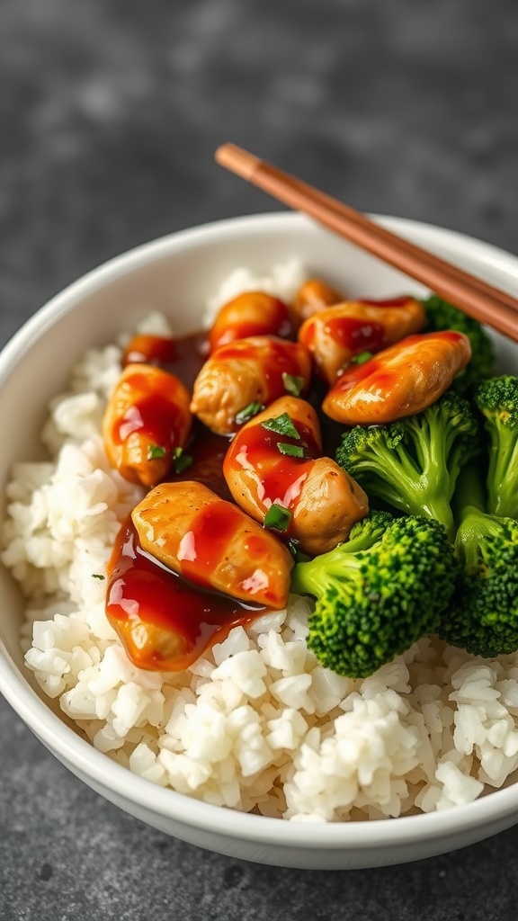 A delicious bowl of teriyaki chicken with rice and broccoli.