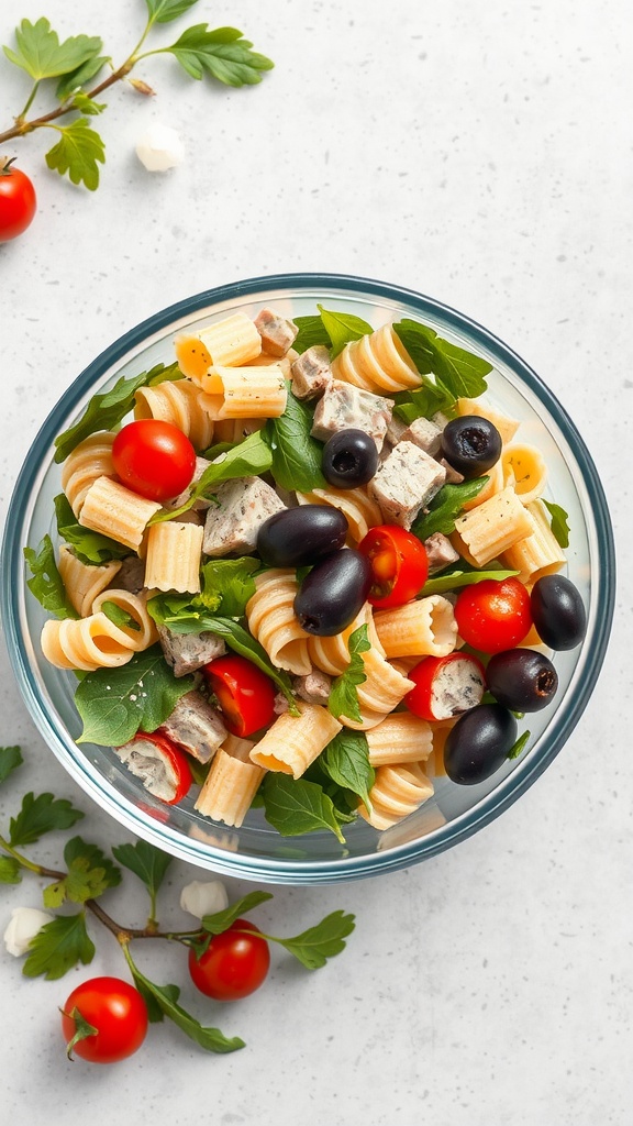 A bowl of tuna pasta salad with pasta, cherry tomatoes, olives, and greens