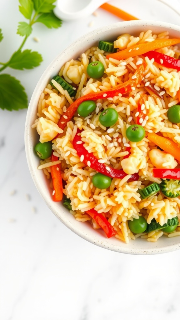 A bowl of vegetable fried rice with colorful vegetables and rice.