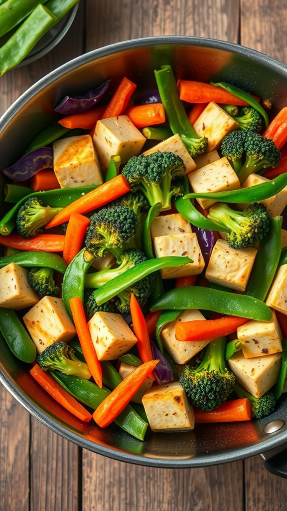 A colorful stir-fry of vegetables and tofu in a skillet.