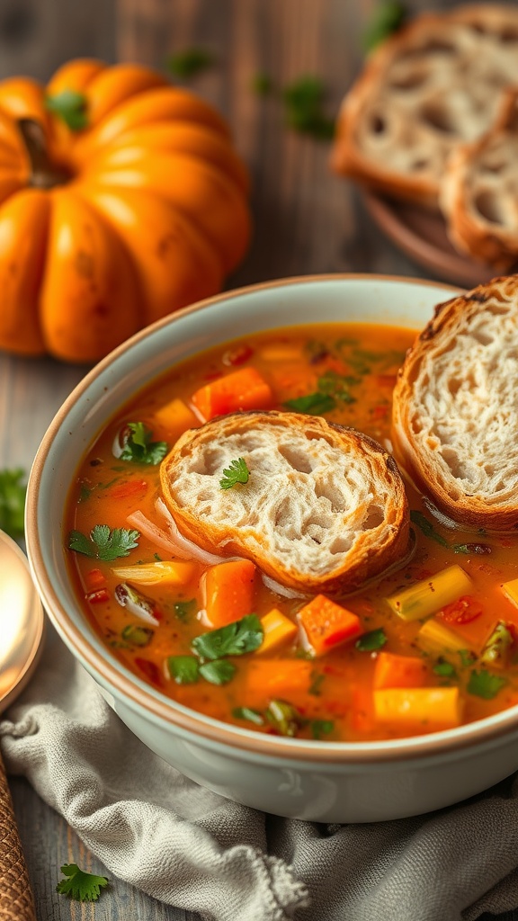 A delicious bowl of vegetable soup served with crusty bread