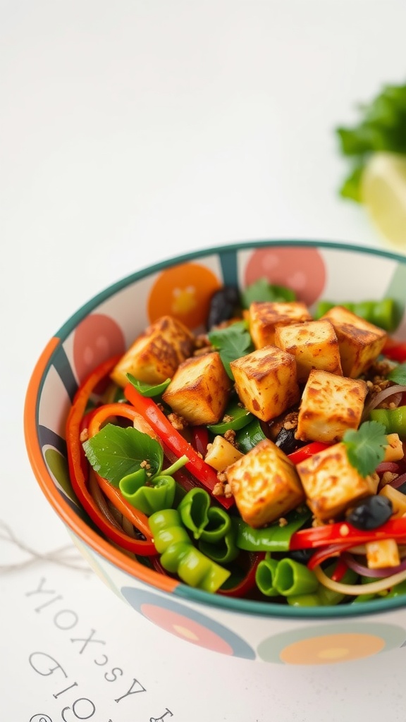 A colorful bowl of vegetable stir-fry with tofu, featuring vibrant vegetables and seasoned tofu cubes, served on a table.