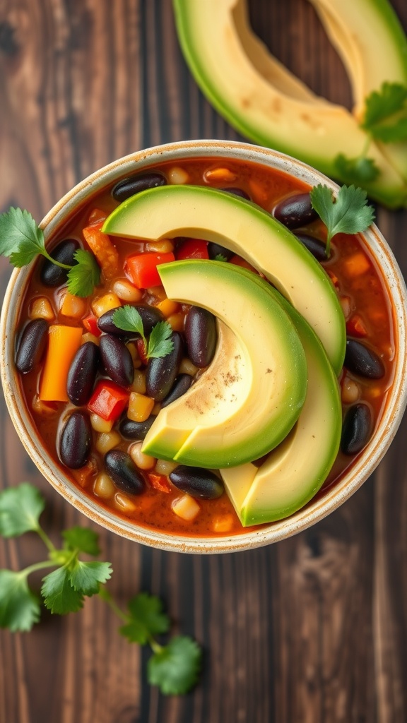 A bowl of colorful vegetarian chili topped with avocado slices and cilantro.