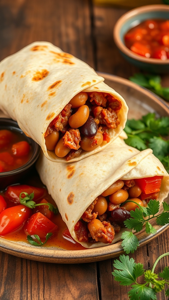 Two zesty beef and bean burritos served with a side of salsa and fresh tomatoes.