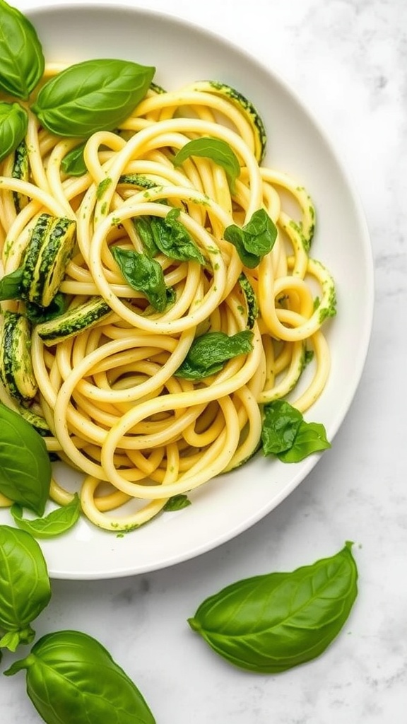 A plate of zucchini noodles tossed with pesto sauce, garnished with fresh basil leaves.