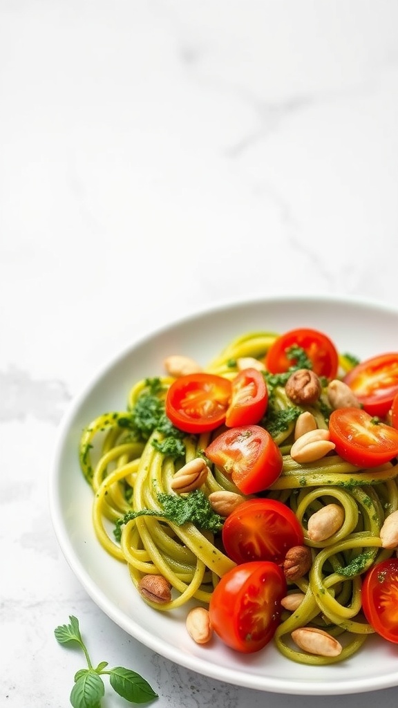 Zucchini noodles with pesto and cherry tomatoes served in a white bowl