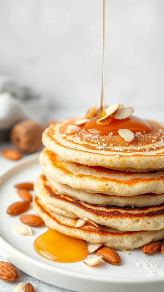 A stack of almond flour pancakes topped with syrup and almond slices