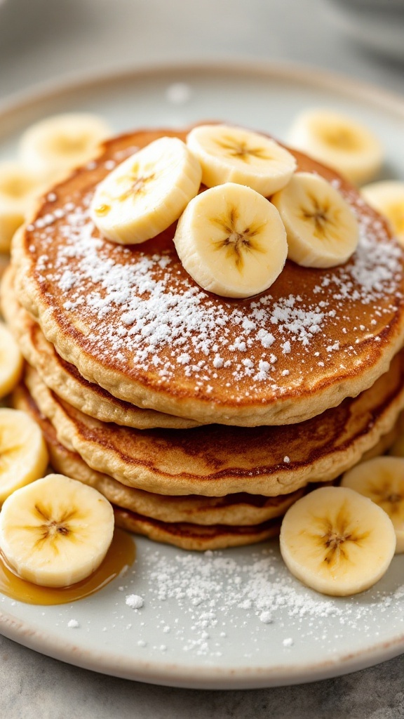 Stack of banana oatmeal pancakes topped with banana slices and powdered sugar