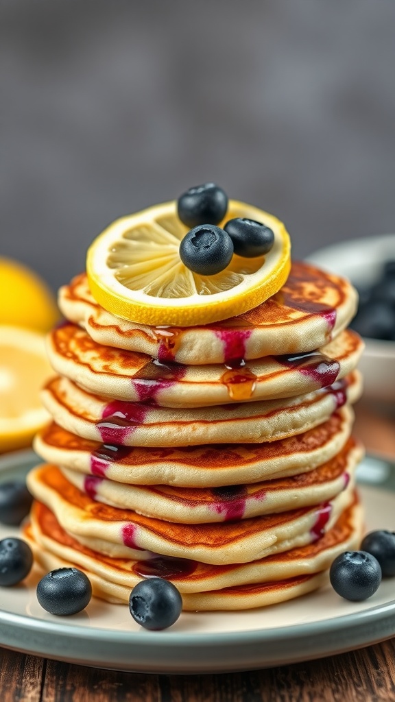 Stack of blueberry lemon pancakes topped with lemon slices and blueberries