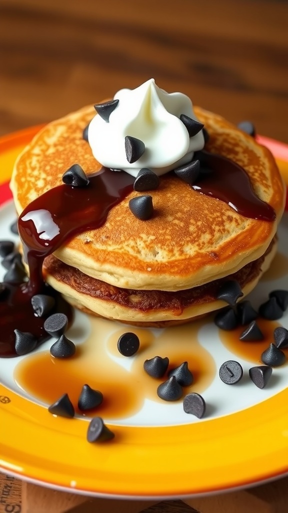 Stack of chocolate chip pancakes topped with whipped cream and chocolate chips