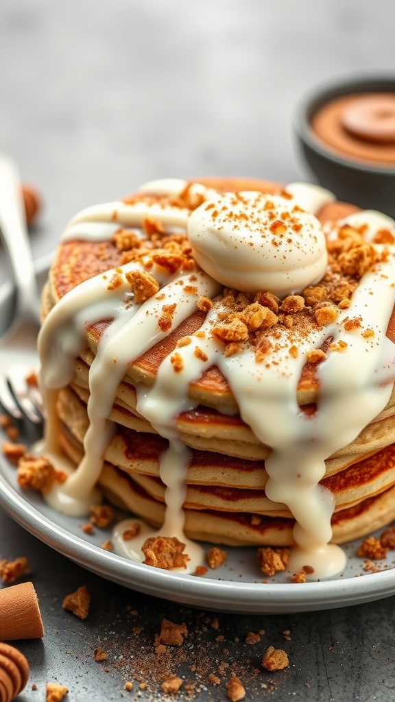 Delicious cinnamon roll pancakes topped with cream cheese icing and crushed toppings.