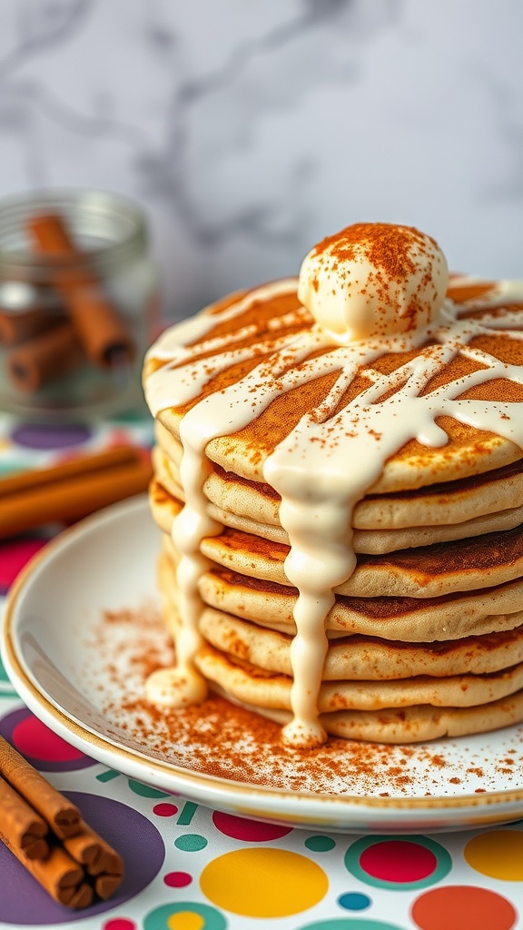 Stack of fluffy pancakes topped with a creamy icing and sprinkled with cinnamon.